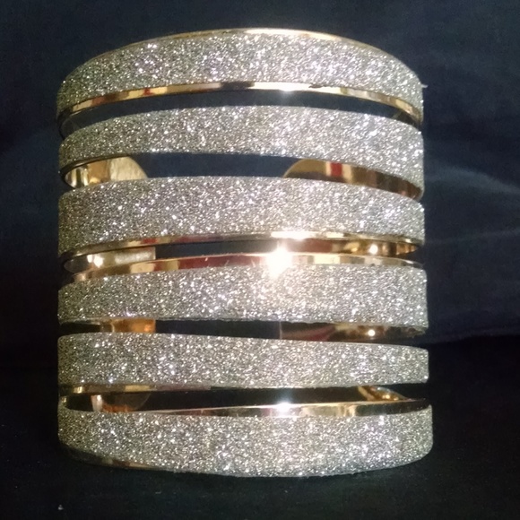 Rhodium Bling Silver Sparkle Wide Cuff Bracelet